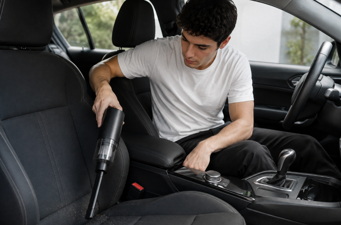 Hombre aspirando el interior de su auto con la mini aspiradora inalámbrica